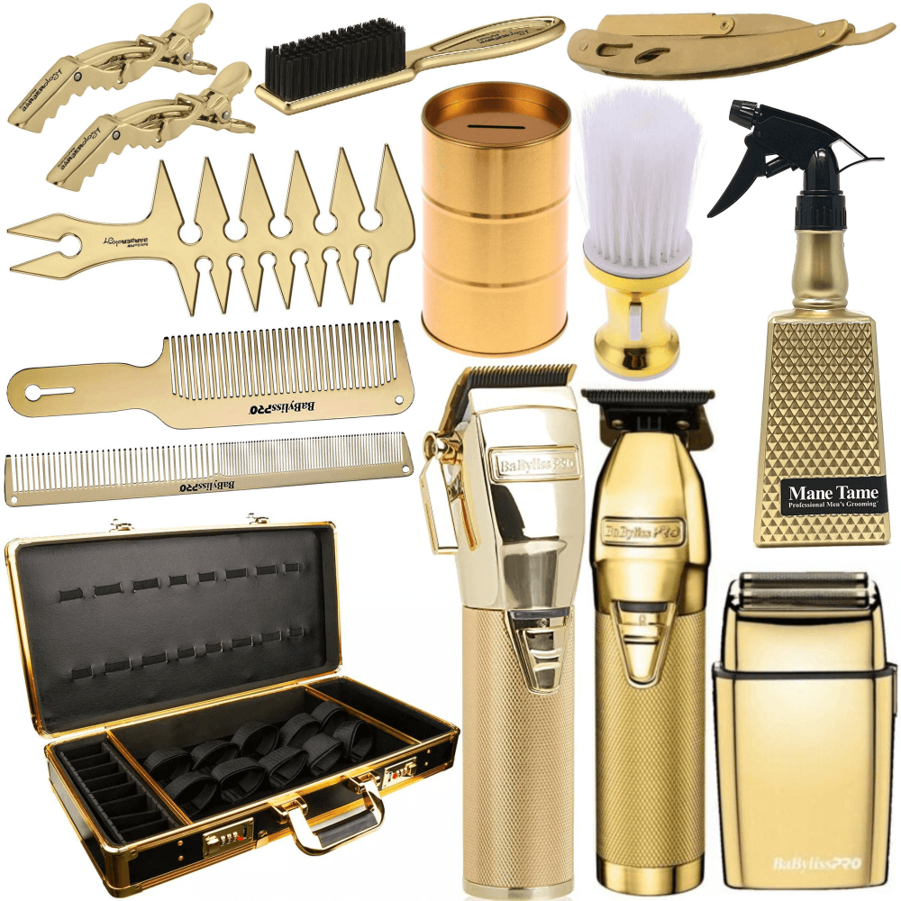 Professional Barber Combo Set Gold, BaBylissPro GOLDFX Clipper & Trimmer &  Shaver & BaByliss Trio Mix & Metal Comb Set, Blade Disposal Storage