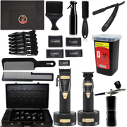 Professional Black Combo Set, BaBylissPRO LimitedFX BOOST+ Clipper & Trimmer & Charging Base, Hair Spray, Barber Mat, Flat Top Comb, Cutting Comb, Fade Brush, Straight Razor, Neck Duster, Barber Suitcase