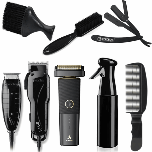 Andis Stylist Combo Clipper & Trimmer Black #66280 & Professional reSURGE Shaver #17300, Black Fade Brush, Neck Duster, Forceone Razer, Flat Top Comb, Bottle Spray, Combo Set