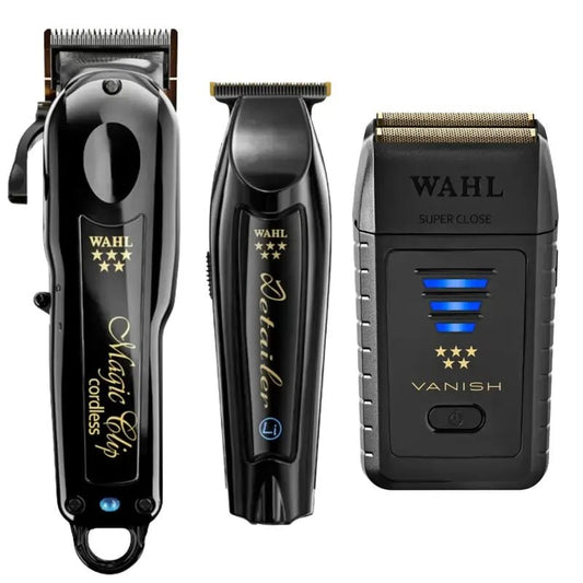 This barber combo set includes the Cordless Magic Clip Clipper, Detailer Li Trimmer and vanish shaver, perfect for creating sharp, clean styles with ease.
