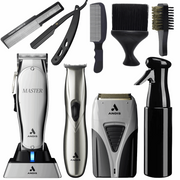Andis Professional Master Cordless Clipper Lithium Ion Adjustable Blade #12660 & Slimline Pro Li Cordless T-Blade Hair Trimmer D-8 Chrome #32810 & Profoil Lithium Plus Foil Shaver TS-2 #17255 & Water Spray & Neck Duster & Fade Brush & Razor & Comb