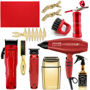 Professional Red & Gold Combo Set, BaBylissPRO Special Edition Van Da' Goat LO-PROFX Clipper & Trimmer, Fxfs2g Foil Shaver, RAPIDO Blow Dryer, Hair Spray, Barber Mat, Hair Clips, Styling Comb, Fade Brush, finger neck Duster, Air Brush System