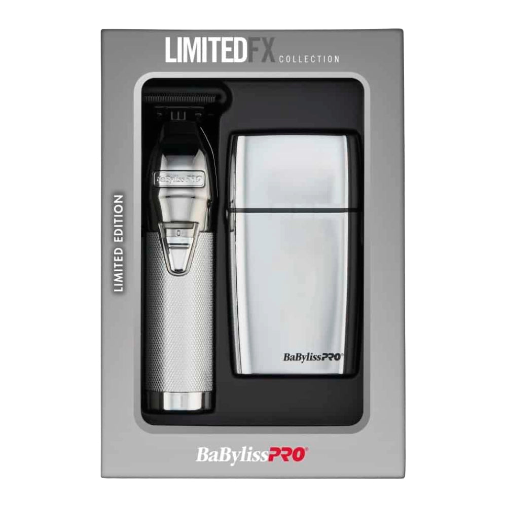 BabylissPro Limited Edition Silver Trimmer & Double-Foil Shaver Value Pack FXDUOFS2TS box