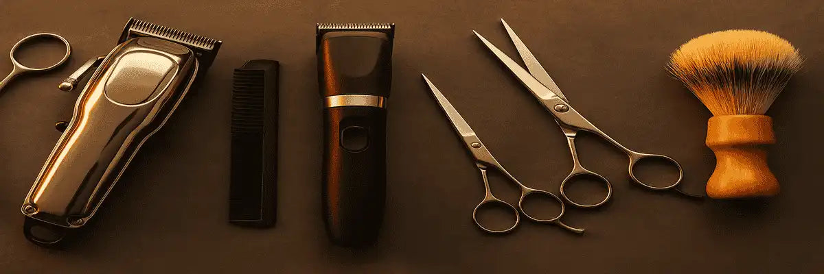 Barber supply banner featuring professional tools like clippers, scissors, razors, and brushes