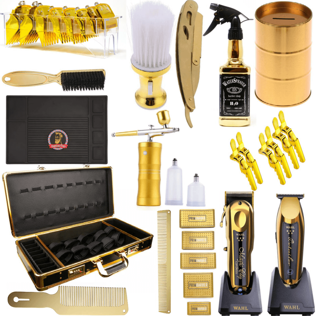 Professional Barber Combo Set Gold Wahl 5 Star Magic Clip Detailer Li Trimmer Air Brush System Blade Disposal Storage Straight Edge Razor