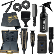 Professional WAHL Black Combo Set, Barber Combo Clipper & Trimmer #8180 & Cordless Vanish Shaver #8173-700, Hair Spray, Barber Mat, Flat Top Comb , Fade Brush, Straight Razor, Neck Duster, Barber Suitcase, Wire Protector