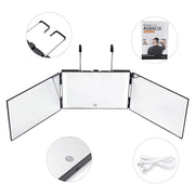 3 Way Mirror For Self Hair Cutting With LED Light, Tri-Fold Rechargeable LED Mirror
