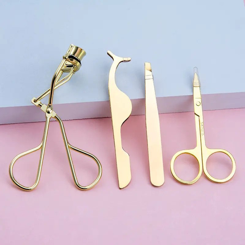 4-Pcs Eyelash Curler Kit w/ Satin Bag, Eyelash Curler, Eyelash Applicator, Eyebrow Tweezers & Eyebrow Scissor