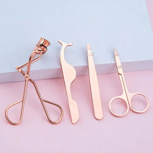 4-Pcs Eyelash Curler Kit w/ Satin Bag, Eyelash Curler, Eyelash Applicator, Eyebrow Tweezers & Eyebrow Scissor
