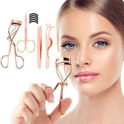 4-Pcs Eyelash Curler Kit w/ Satin Bag, Eyelash Curler, Eyelash Applicator, Eyebrow Tweezers & Eyebrow Scissor