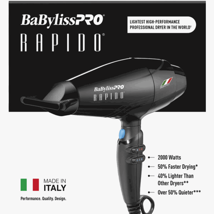 BaBylissPRO RAPIDO Blow Dryer 2000 Watts Black #BRAP1