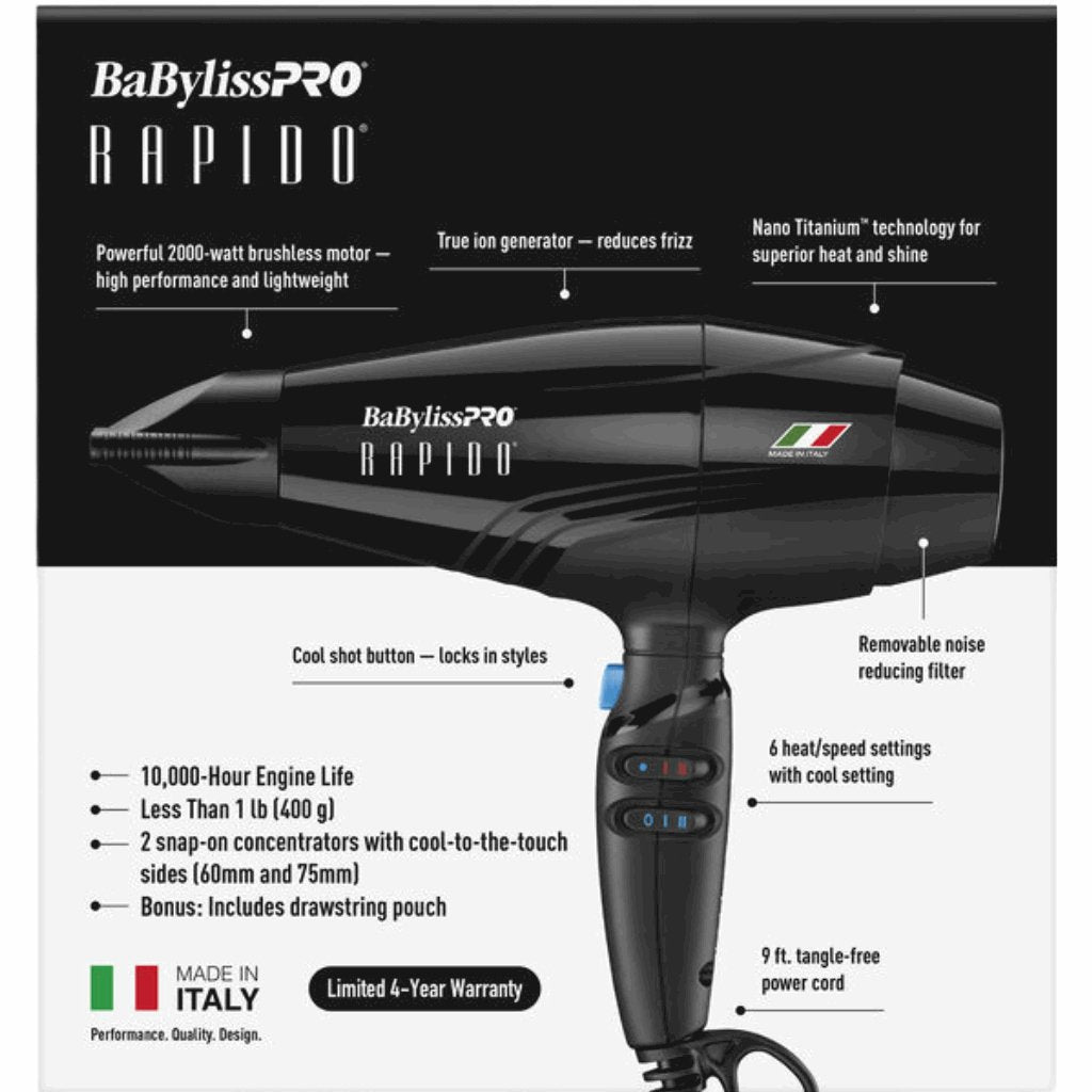 BaBylissPRO RAPIDO Blow Dryer 2000 Watts Black #BRAP1