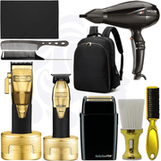 BaBylissPRO GOLDFX Boost+ Metal Lithium Cordless Clipper #FX870GBP & Trimmer #FX787GBP & Charging Dock Stands & Double Foil Shaver #FXFS2B & Volare V1 Full-Size Dryer & Barber Mat & Barber Backpack & Fade Brush & Neck Duster & Combs