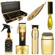 Collection of gold grooming tools including a case, clippers, Trimmers, and shaver and Accessories
