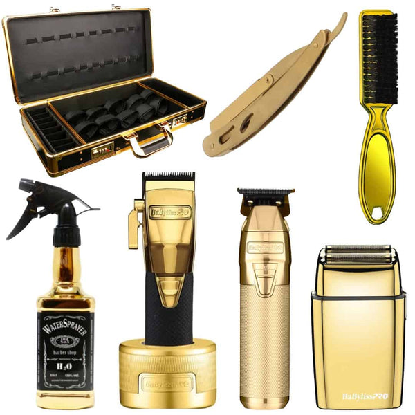 Collection of gold grooming tools including a case, clippers, Trimmers, and shaver and Accessories