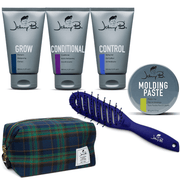Johnny B. Bundle Gift Set, Plaid Dopp Bag & Grow Shampoo & Conditional Conditioner & Control Styling Gel & Molding Paste & Feels Brush Combo Set