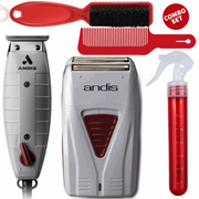Andis Professional Corded T-Outliner® T-Blade Trimmer #04710 & Cordless Titanium Foil Shaver #17235, Flat Top Comb, Thin Water Spray, Fade Brush, Combo Set