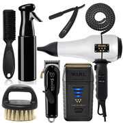Wahl Black Combo Set, Wahl Senior Clipper, Shaver Vanish, Barber Dryer, Knuckle Brush, Straight Razor, Wire Protector, Hair Spray, Fade Brush