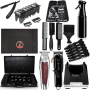 Professional Black Combo Set, Wahl Senior & Detailer Li, Wahl Clipper Guides, Wahl Charge Stand, Hair Spray, Barber Matte, Flat Top Comb 2x, Fade Brush, Straight Razor, Neck Duster, Barber Suitcase, Hair Clips