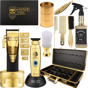 BaBylissPRO & Saber Gold Luxury Set, GOLDFX Boost+ Cordless Clipper #FX870GBP with Charging Stands & Stylecraft Saber Trimmer #SC405G & Barber Mat & Barber Case & Water Spray & Razor & Blade Disposal & Combs & Fade Brush & Neck Duster Combo Set