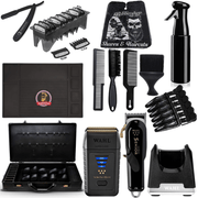 Professional Black Combo Set, Wahl Senior & Vanish Shaver, Wahl Clipper Guides, Wahl Charge Stand, Hair Spray, Barber Matte, Flat Top Comb 2x, Fade Brush, Straight Razor, Neck Duster, Barber Suitcase, Hair Clips
