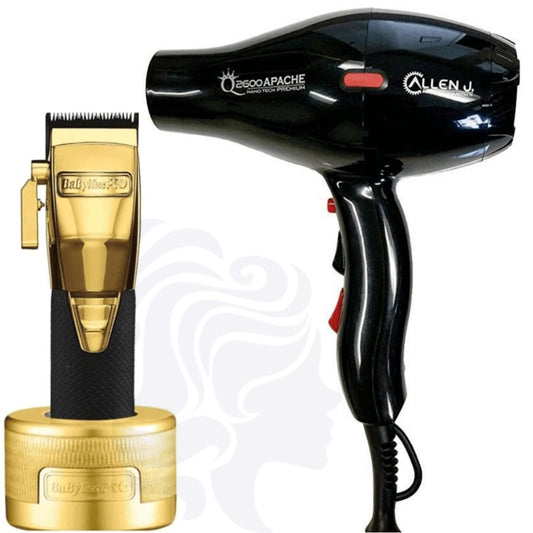 BaBylissPRO GOLDFX Boost+ Metal Lithium Cordless Clipper FX870GBP & Charging Base Dock & Allen J. 2600 Apache Nano Tech Premium Hair Blow Dryer Lightweight Salon 2100W Combo Set