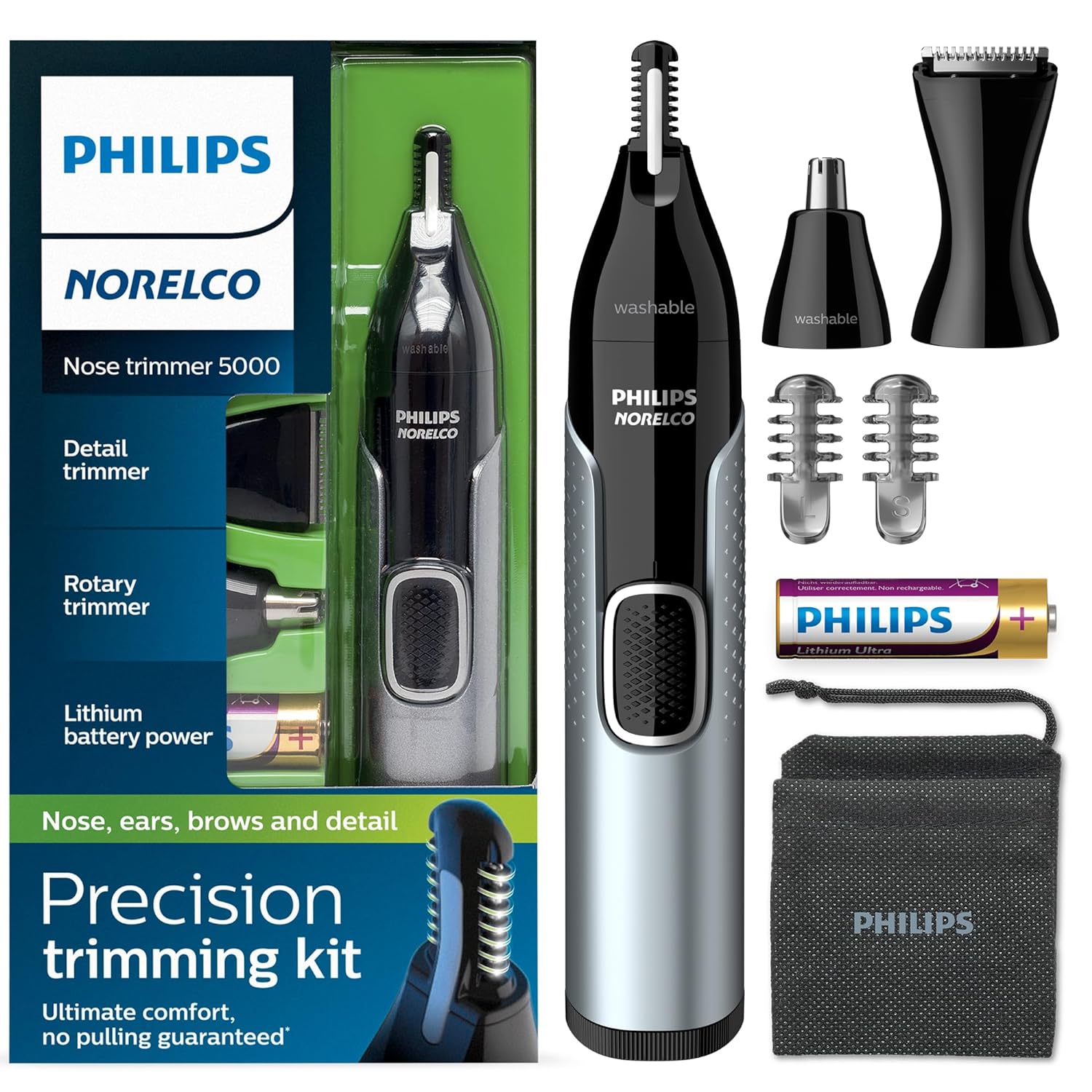 Philips Norelco Nose Trimmer 5000, For Nose, Ears, Eyebrows, Black and Silver, NT5600/42