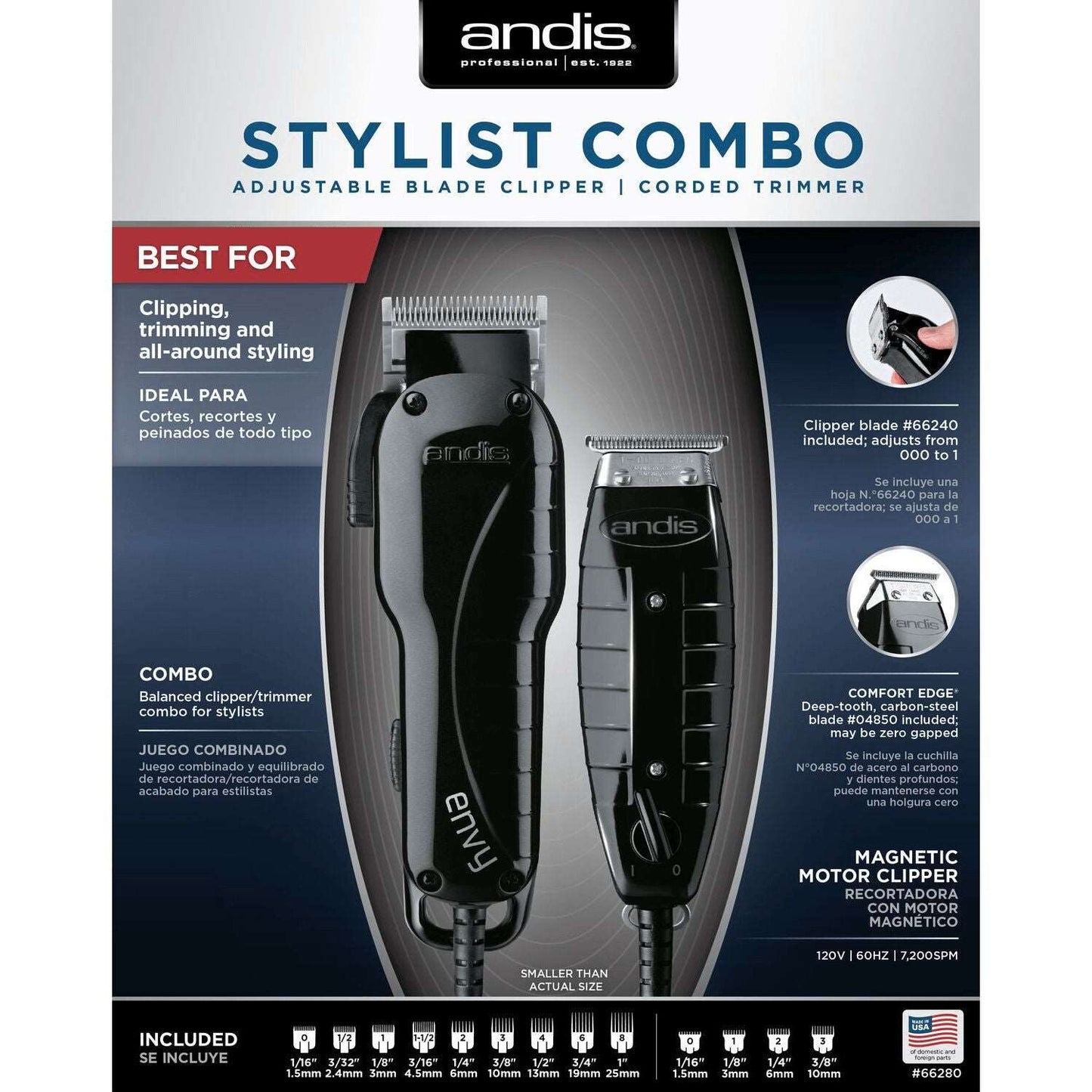 Andis Stylist Combo Clipper & Trimmer Black #66280 & Professional reSURGE Shaver #17300, Black Fade Brush, Neck Duster, Forceone Razer, Flat Top Comb, Bottle Spray, Combo Set