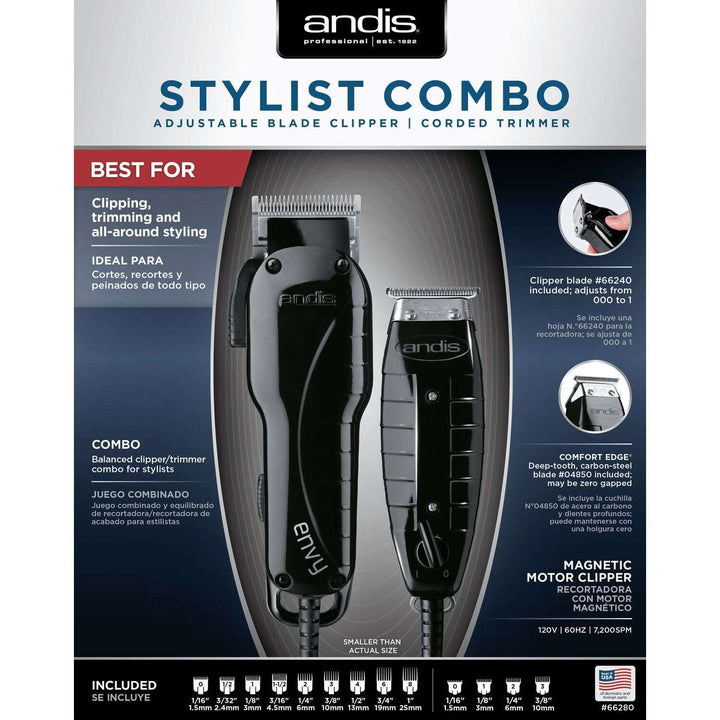 Andis Stylist Combo Clipper & Trimmer Black #66280 & Professional reSURGE Shaver #17300, Black Fade Brush, Neck Duster, Forceone Razer, Flat Top Comb, Bottle Spray, Combo Set