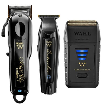 This barber combo set includes the Cordless Magic Clip Clipper, Detailer Li Trimmer and vanish shaver, perfect for creating sharp, clean styles with ease.