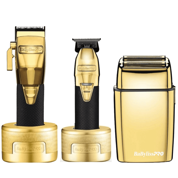 BaBylissPRO GOLDFX Boost+ Metal Lithium Cordless Clipper #FX870GBP &  Trimmer #FX787GBP With Charging Dock Stands & Double Foil Shaver FXFS2G  Combo Set