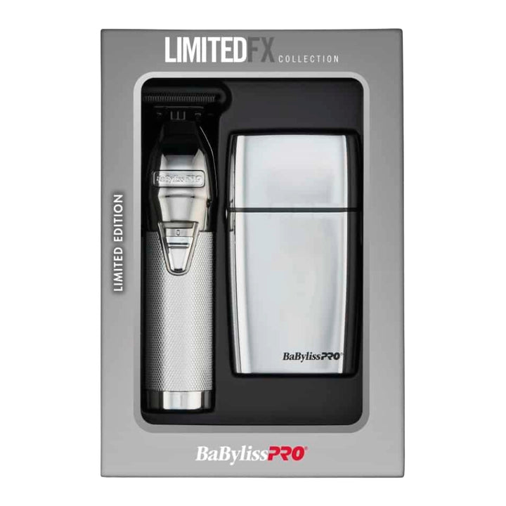 BabylissPro Limited Edition Silver Trimmer & Double-Foil Shaver Value Pack FXDUOFS2TS box
