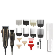 Professional WAHL Black Combo Set, Barber Combo Clipper & Trimmer #8180 & Cordless Vanish Shaver #8173-700, Hair Spray, Barber Mat, Flat Top Comb 2x, Fade Brush, Straight Razor, Neck Duster, Barber Suitcase, Wire Protector