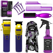 BaBylissPRO LimitedFX Unique Colorway Purple/Yellow Limited Edition Cordless Clipper #LFX870UBC & Trimmer #LFX787UBC + Fade Brush & Barber Cape & Tail Cutting Comb & Flat Top Comb & Hair Styling Powder & Water Spray & Hair Clips, Purple Combo Set