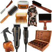 Professional Combo Set, Wahl Professional 5 Star Barber Combo Model No 8180, Barber wooden Carrying Case, Water Spray, Dark Stag Fade Brush and Neck Duster, Army Style Cape, Clubman Pinaud Firm Hold Pomade, Spinner Comb, Styling Brush & Razor