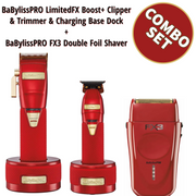 BaBylissPRO LimitedFX Boost+ Clipper & Trimmer & Charging Base Dock & Cordless FoilFX Shaver FXX3S Red & Metal Double Foil Shaver Combo Set