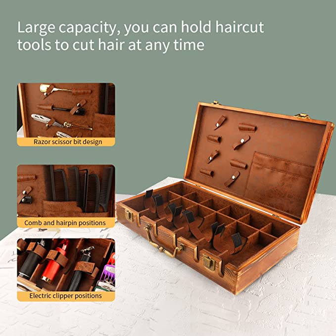 Professional Barber Case, Wooden Barber Carrying Case, Stylist Tool Travel Carry Case, Portable Barbers Tools Box Organizer, Barber Case for Clippers and Barber Supplies – Brown